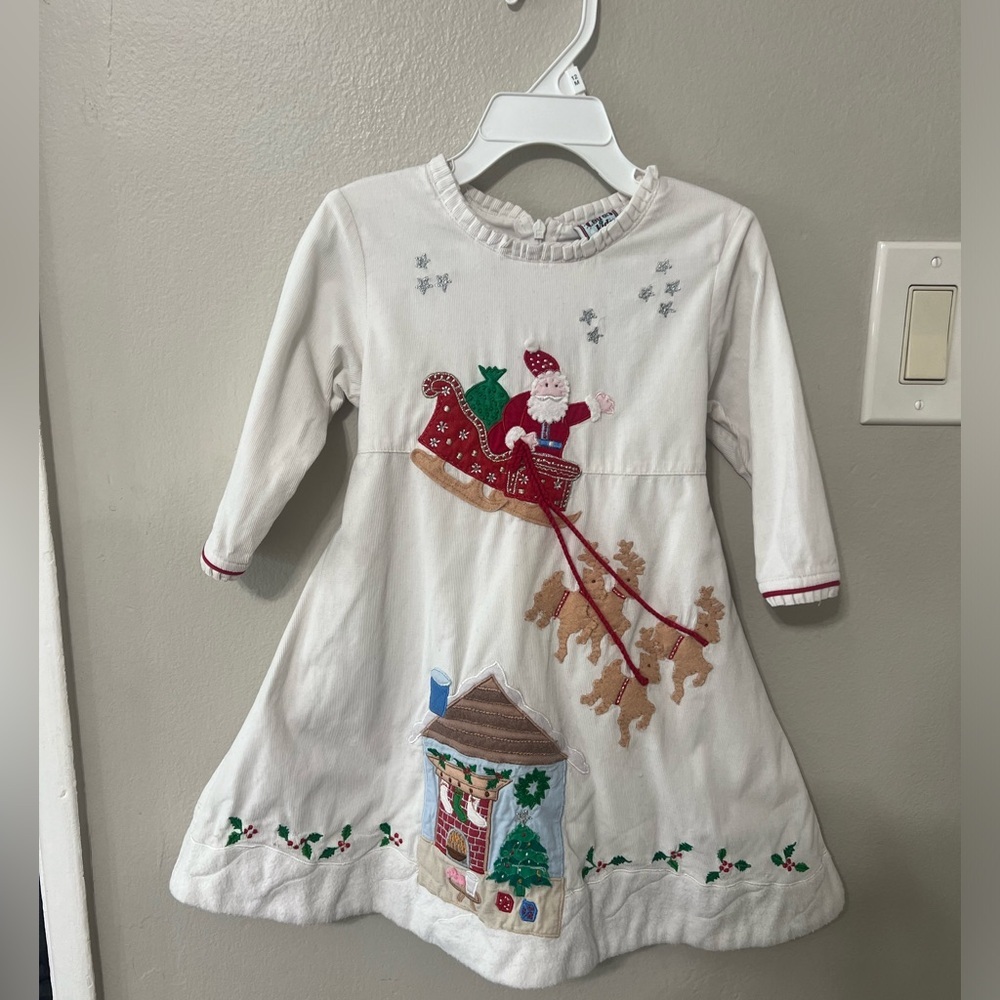 Cotton Kids Girls 4T Christmas Santa Sleigh Appliqué Dress Holiday Corduroy EUC